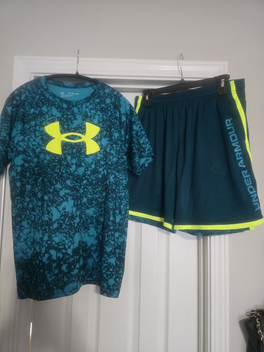Under Armour Teal & Neon Yellow Workout Tee and Shorts Set
